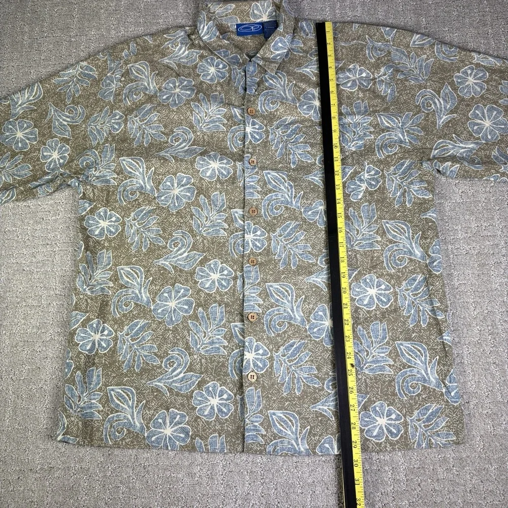 VTG OP Shirt Mens Large Green/Grey Floral Hawaiian SS Button Front Camp Y2K 90s